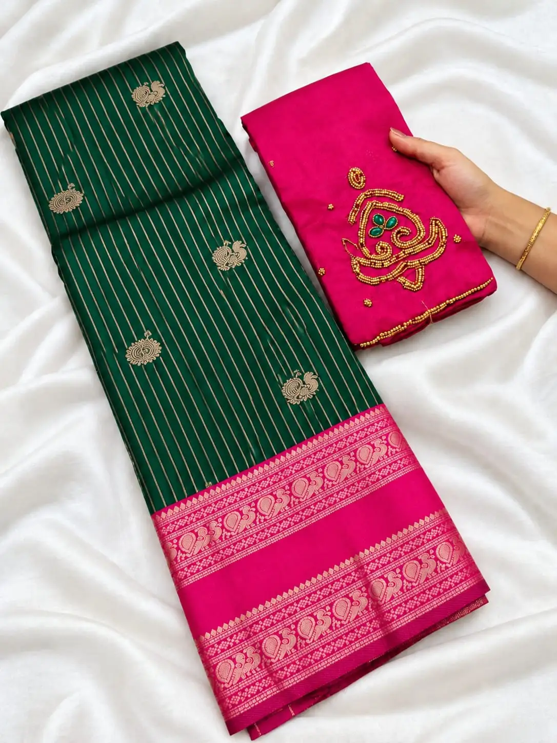 Bottle Green & Pink Aari Work Kanchi Silk Saree